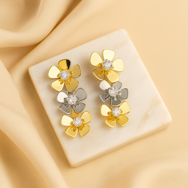 Aanura Dual-Tone Floral Crystal Stud Earrings