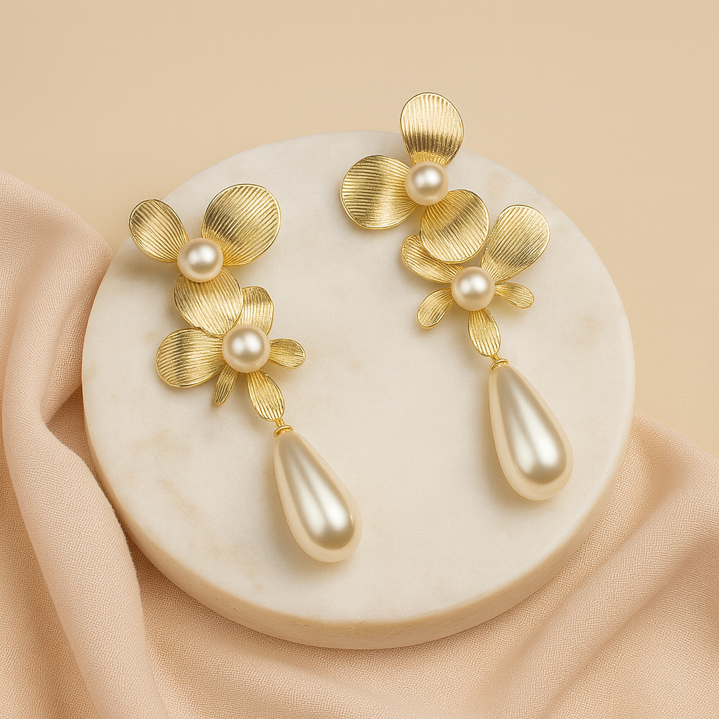 Aanura Floral Pearl Drop Gold Statement Earrings