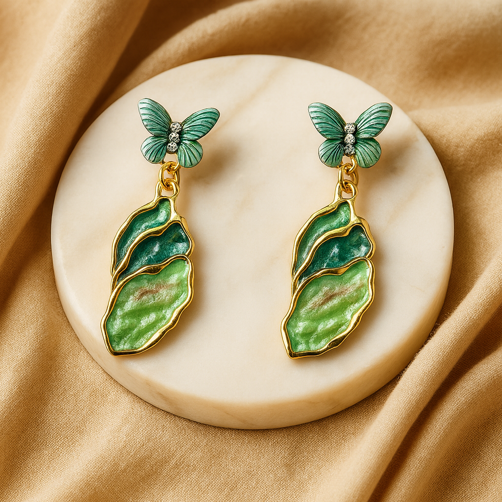 Aanura Green Butterfly Enamel Drop Earrings