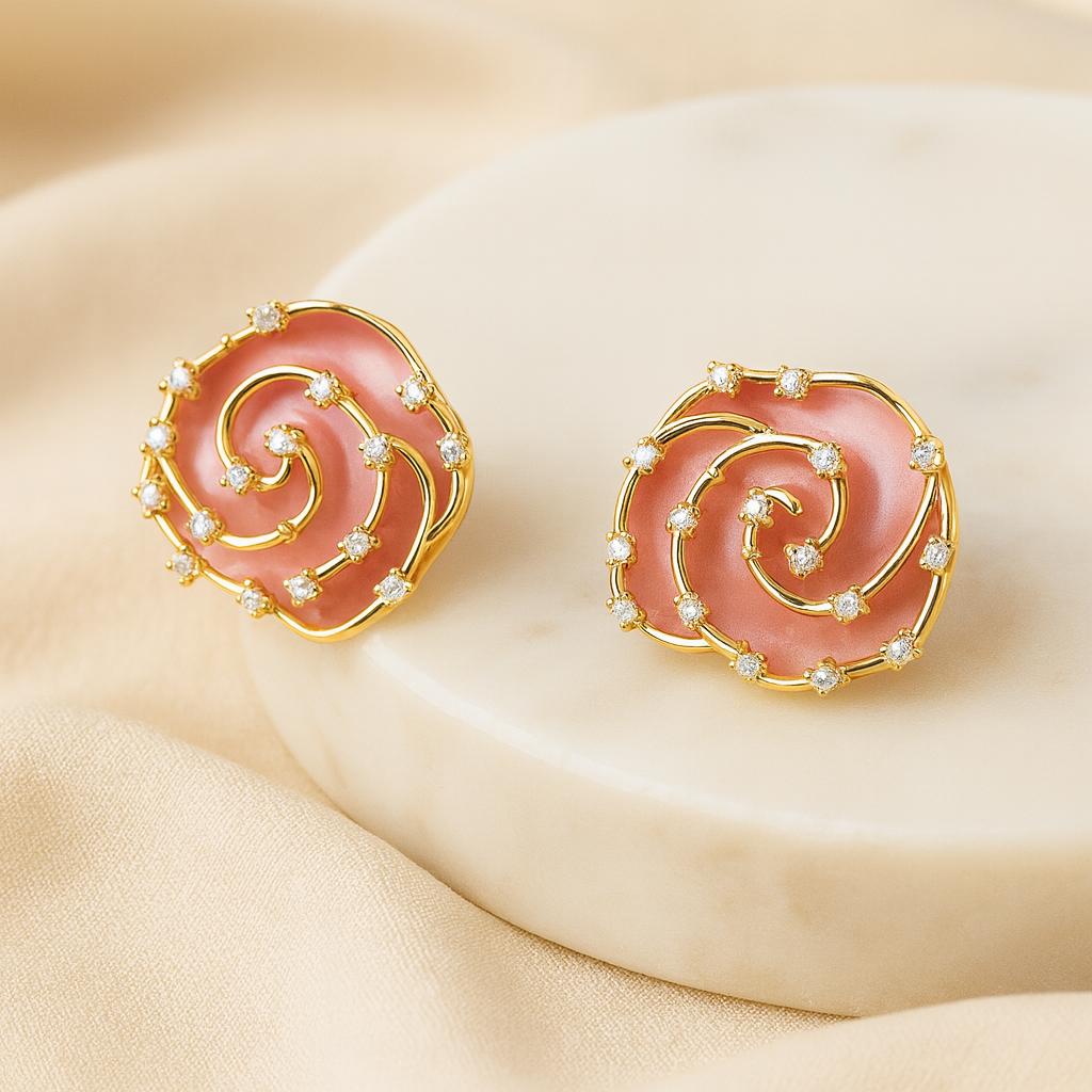 Aanura Pink Spiral Crystal Stud Earrings