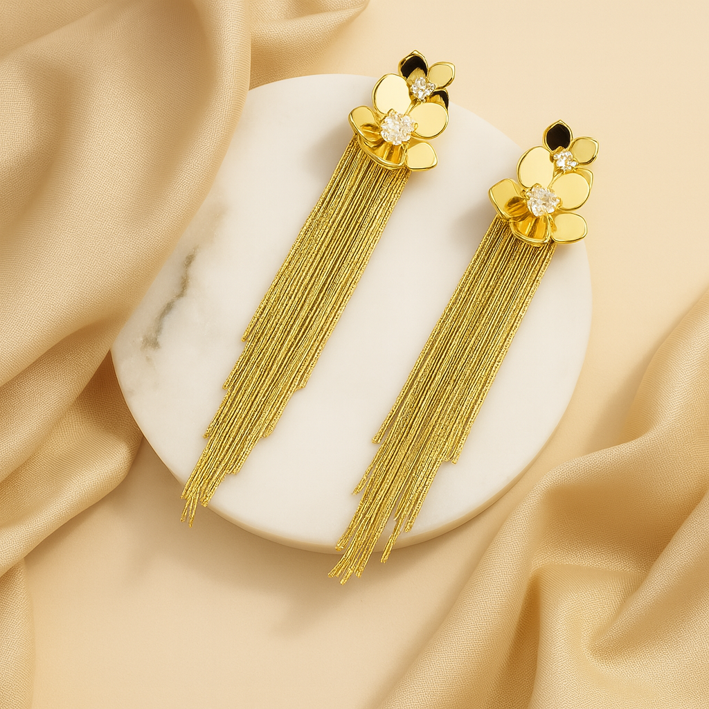 Aanura Crystal Floral Tassel Gold Drop Earrings