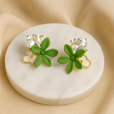 Aanura Green Floral Crystal Stud Earrings