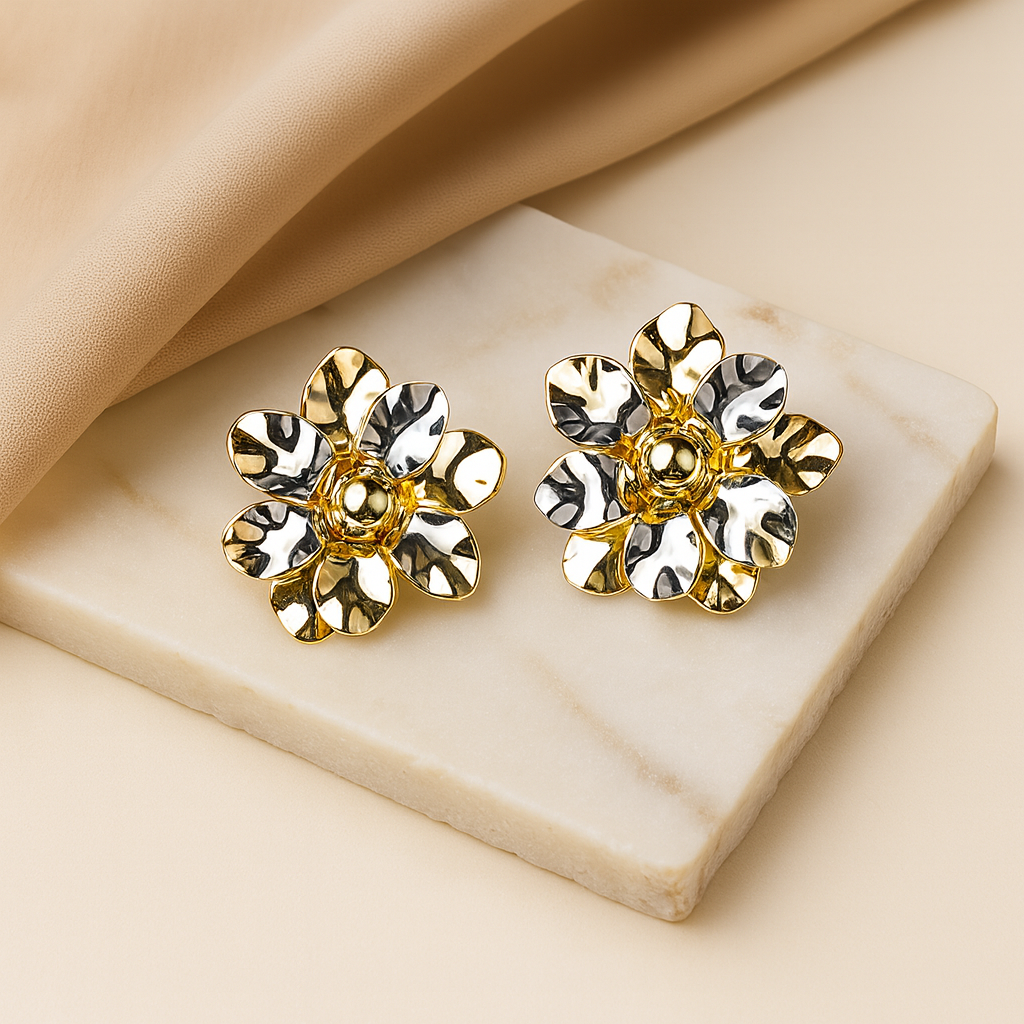 Aanura Dual Tone Floral Gold Statement Earrings
