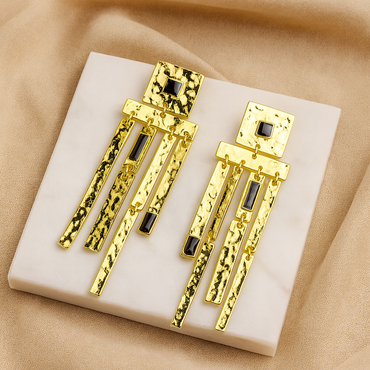 Aanura Hammered Gold Black Stone Dangle Earrings