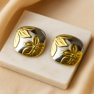 Aanura Dual-Tone Square Floral Stud Earrings