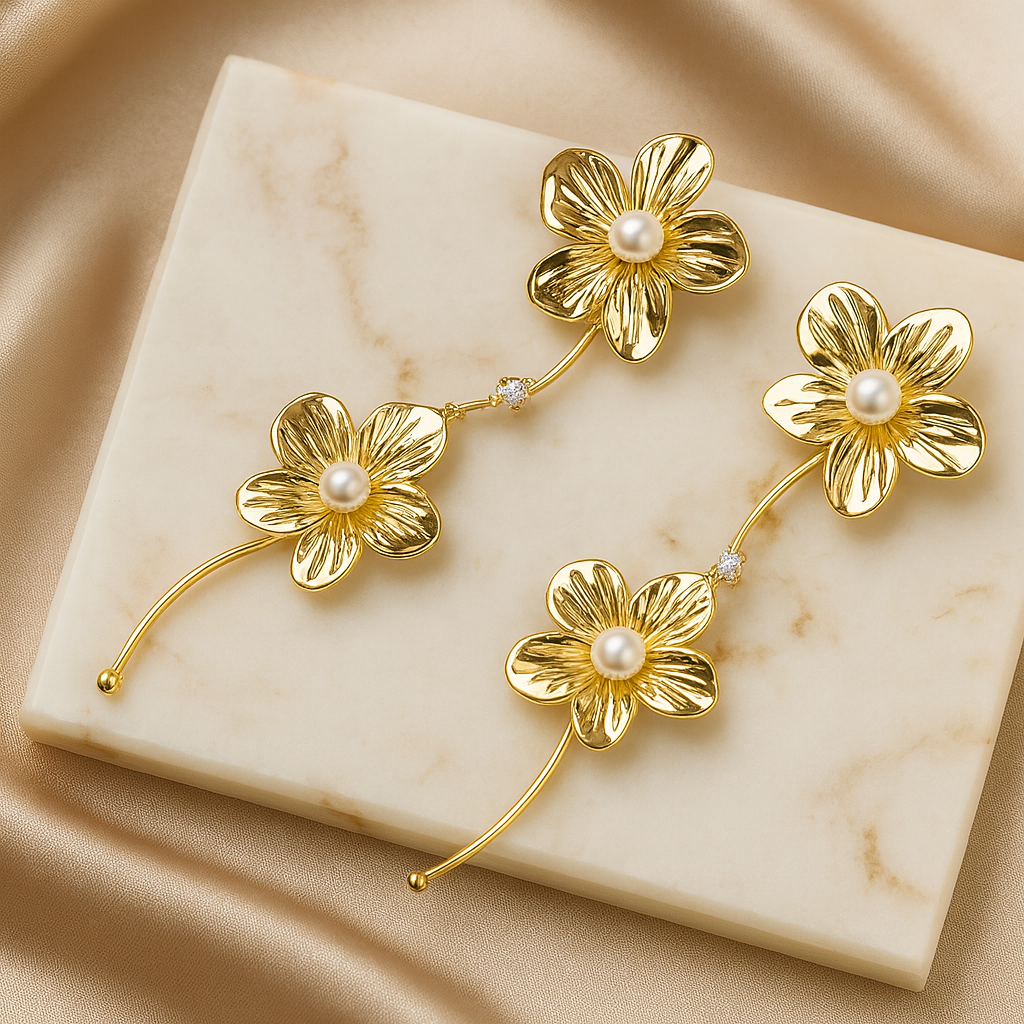 Aanura Pearl Center Floral Long Drop Earrings