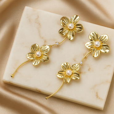 Aanura Pearl Center Floral Long Drop Earrings