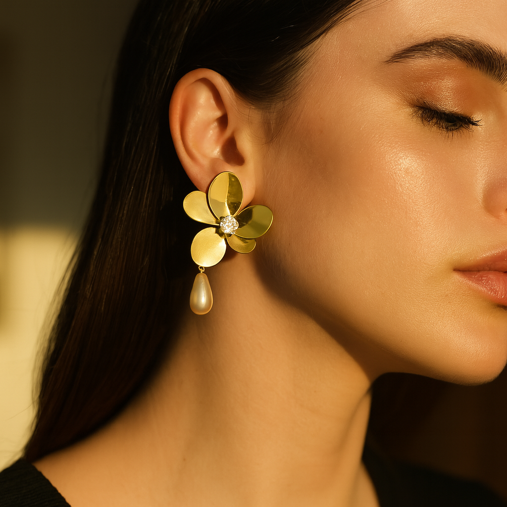 Aanura Pearl Drop Floral Gold Earrings