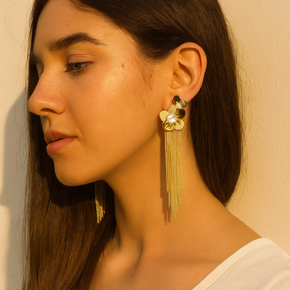 Aanura Crystal Floral Tassel Gold Drop Earrings