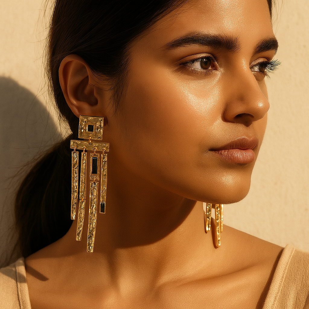 Aanura Hammered Gold Black Stone Dangle Earrings