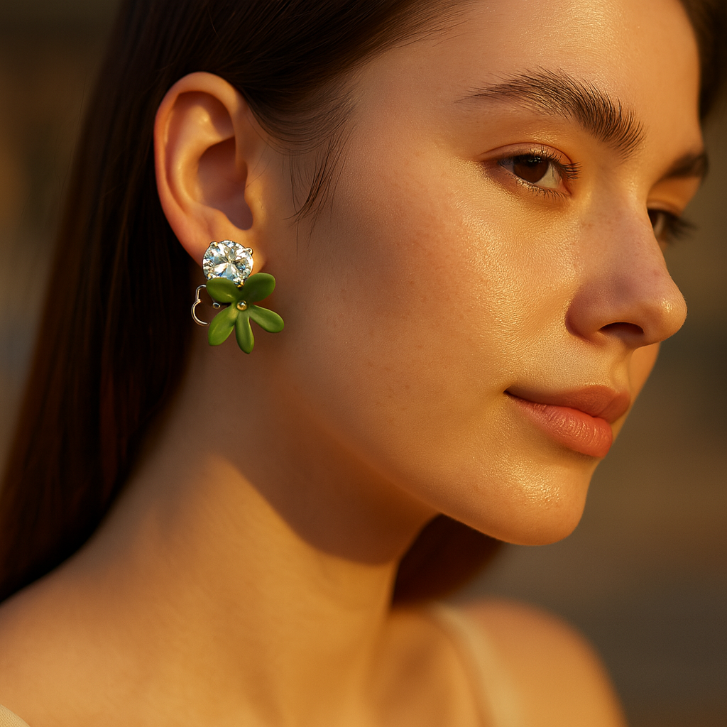 Aanura Green Floral Crystal Stud Earrings