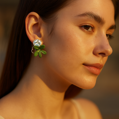 Aanura Green Floral Crystal Stud Earrings