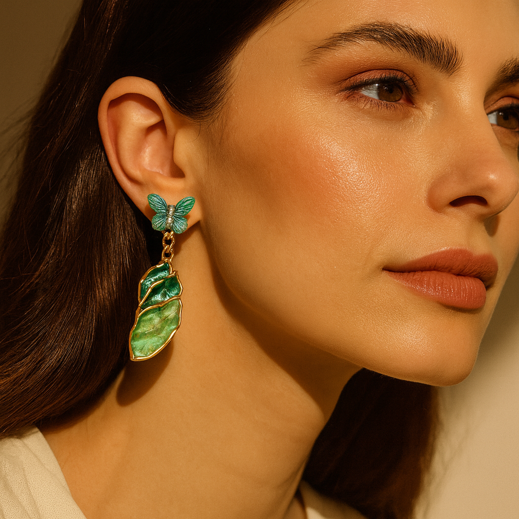Aanura Green Butterfly Enamel Drop Earrings