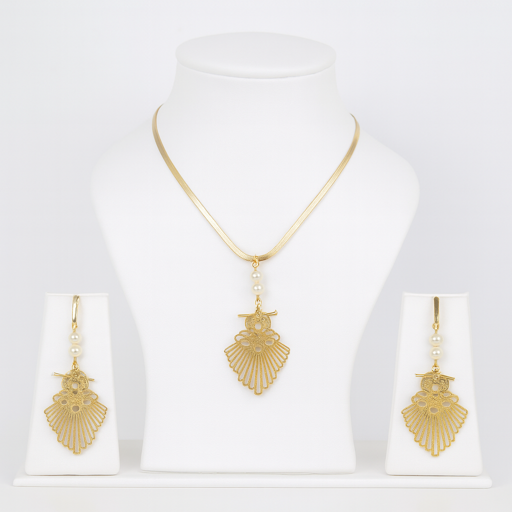 Aanura Golden Fan Pearl Necklace & Earrings Set