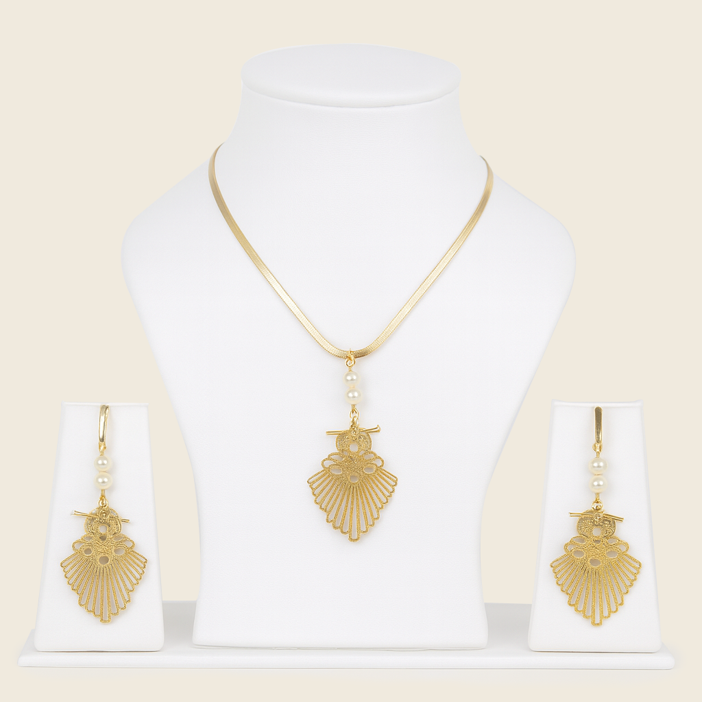 Aanura Golden Fan Pearl Necklace & Earrings Set