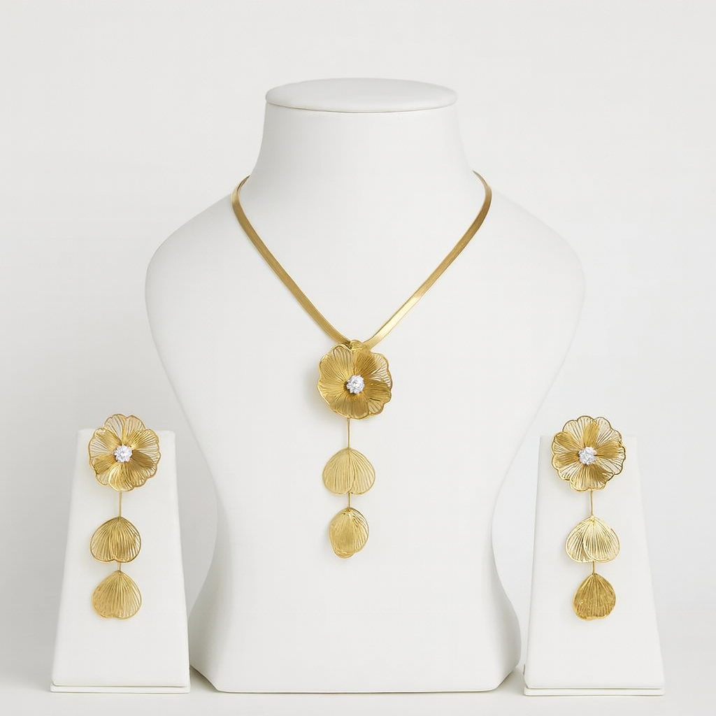 Aanura Golden Floral Cascade Necklace & Earrings Set