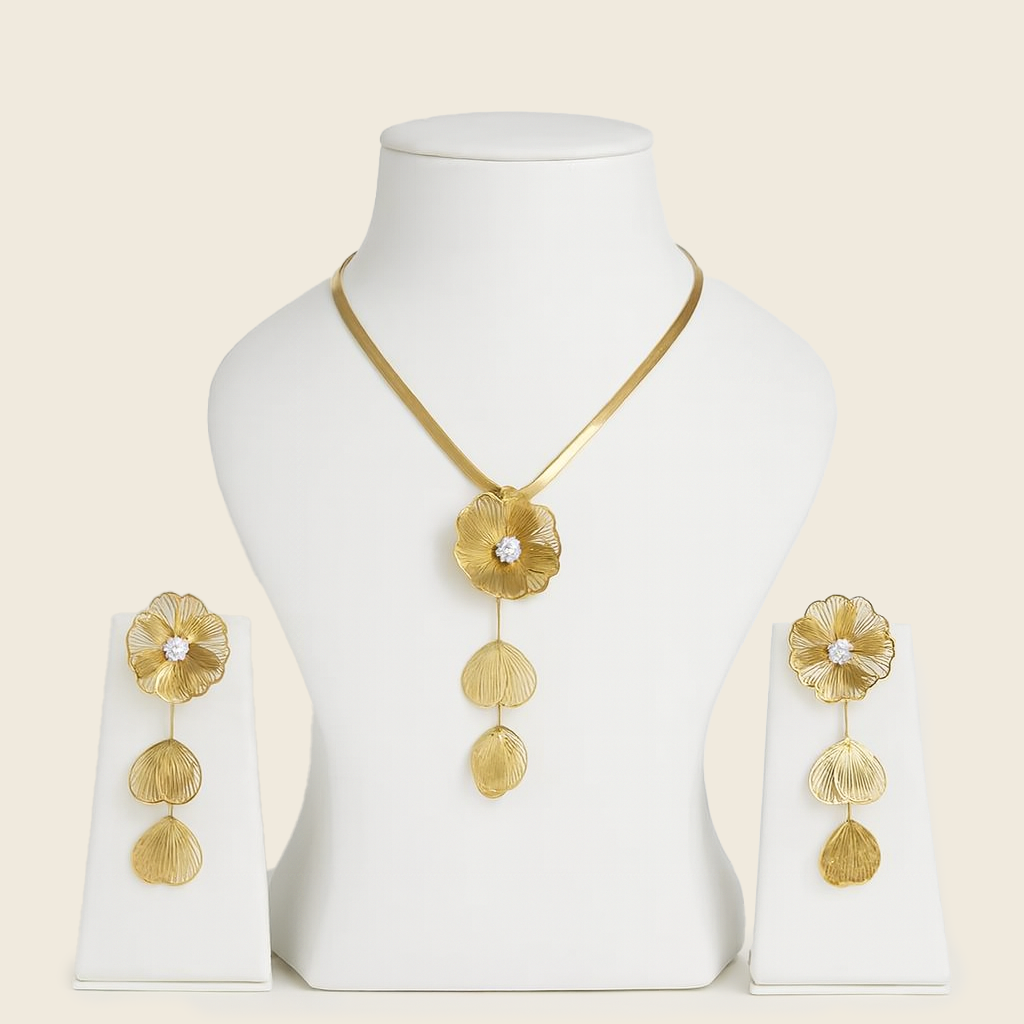 Aanura Golden Floral Cascade Necklace & Earrings Set