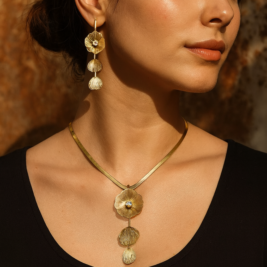 Aanura Golden Floral Cascade Necklace & Earrings Set