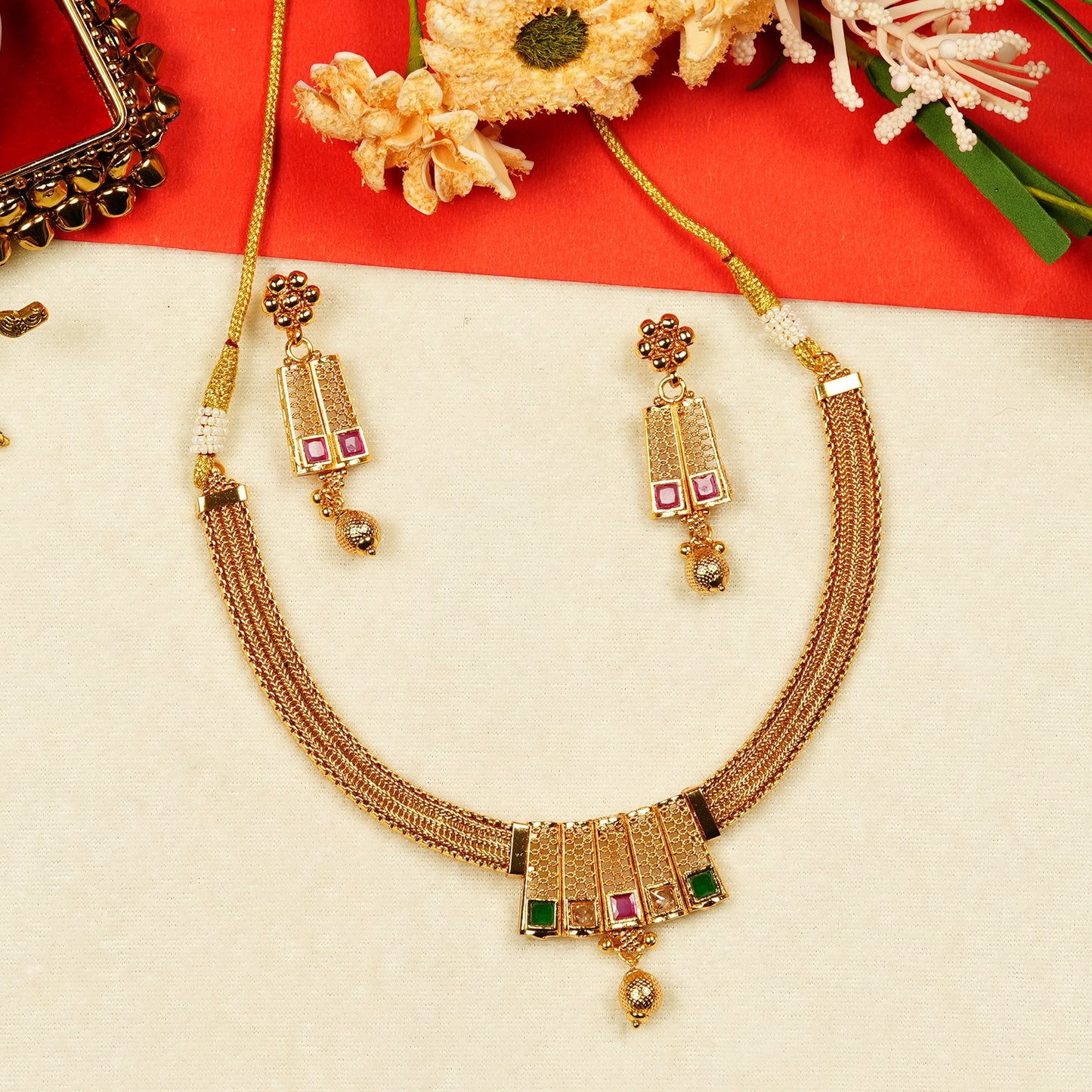 Aanura Gold Plated Layered Necklace & Earring Set