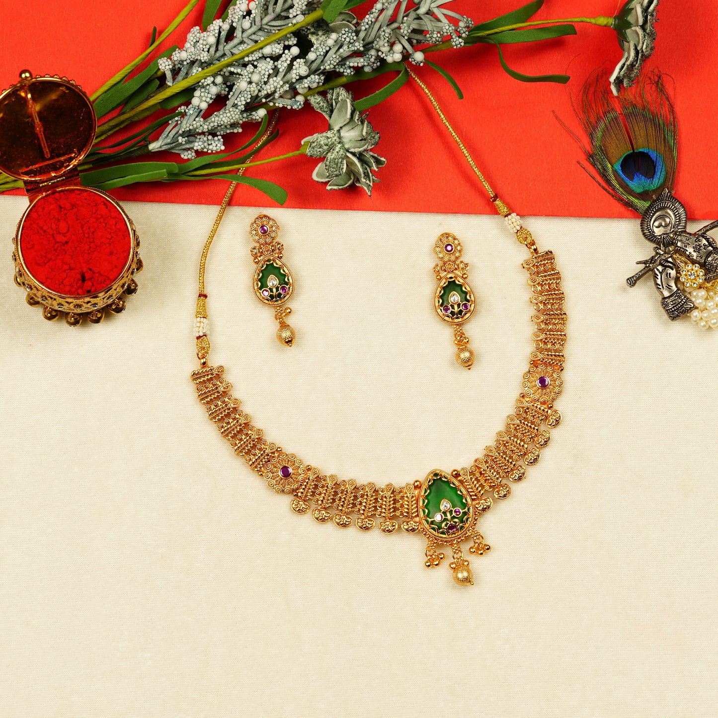 Aanura Gold Plated Emerald Aura Necklace Set