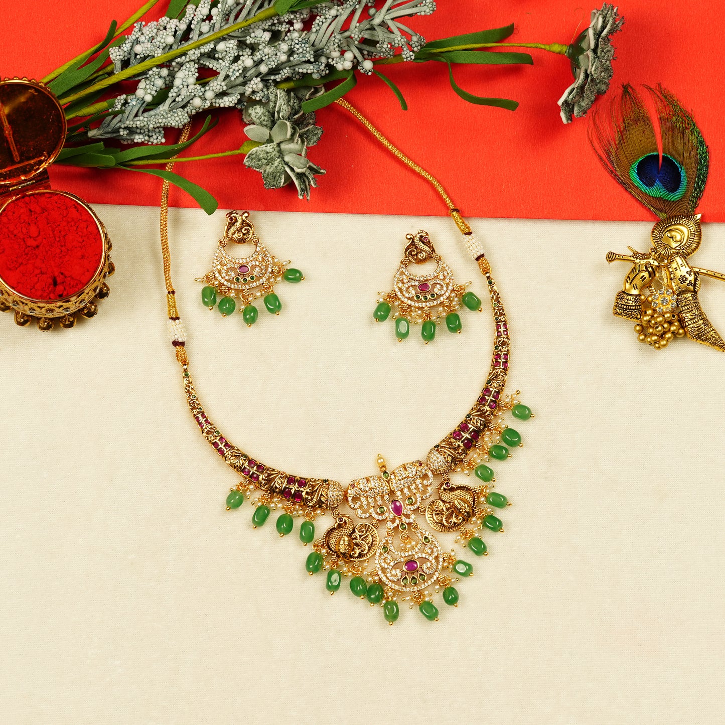Aanura Gold Plated Temple Necklace & Earring Set