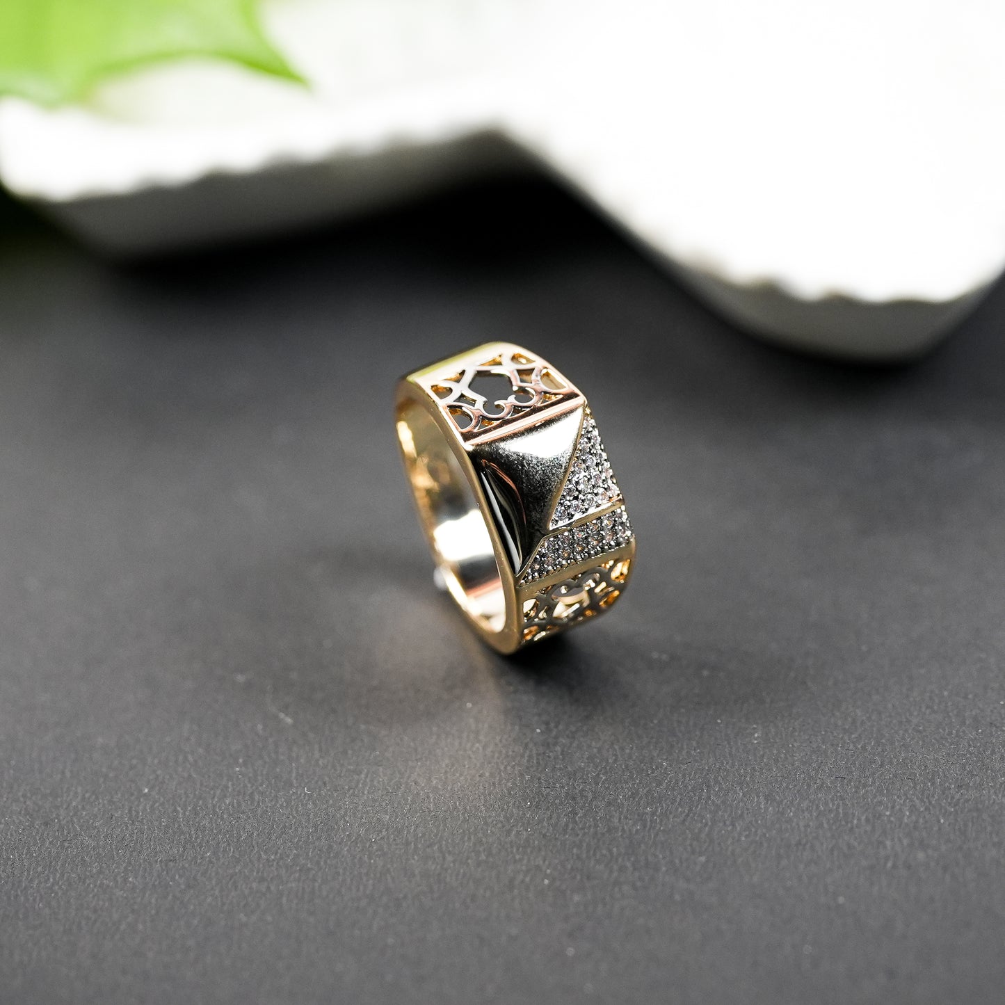 Aanura Gold-Plated Crystal Panel Ring For Men's