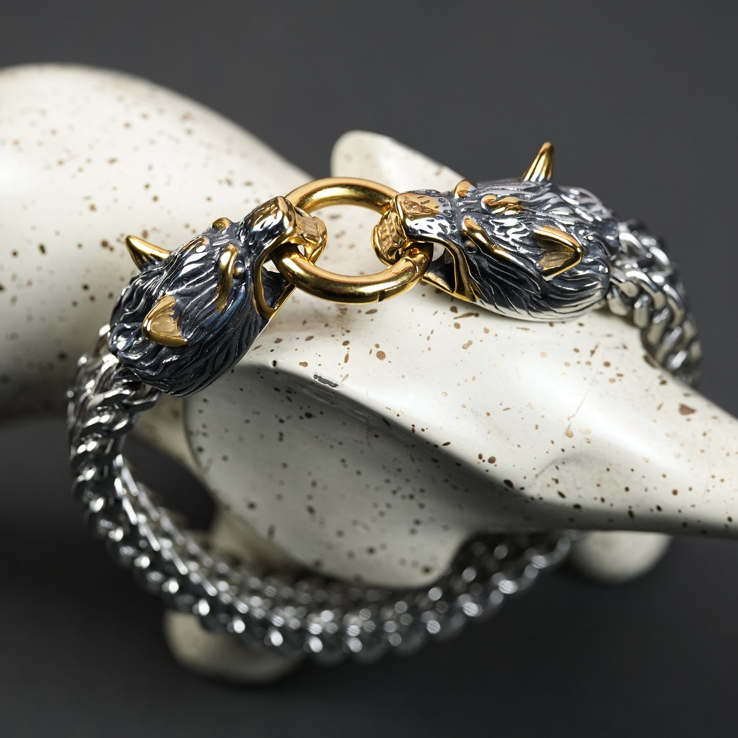 Aanura Dual-Tone Wolf Head Bracelet For Men's