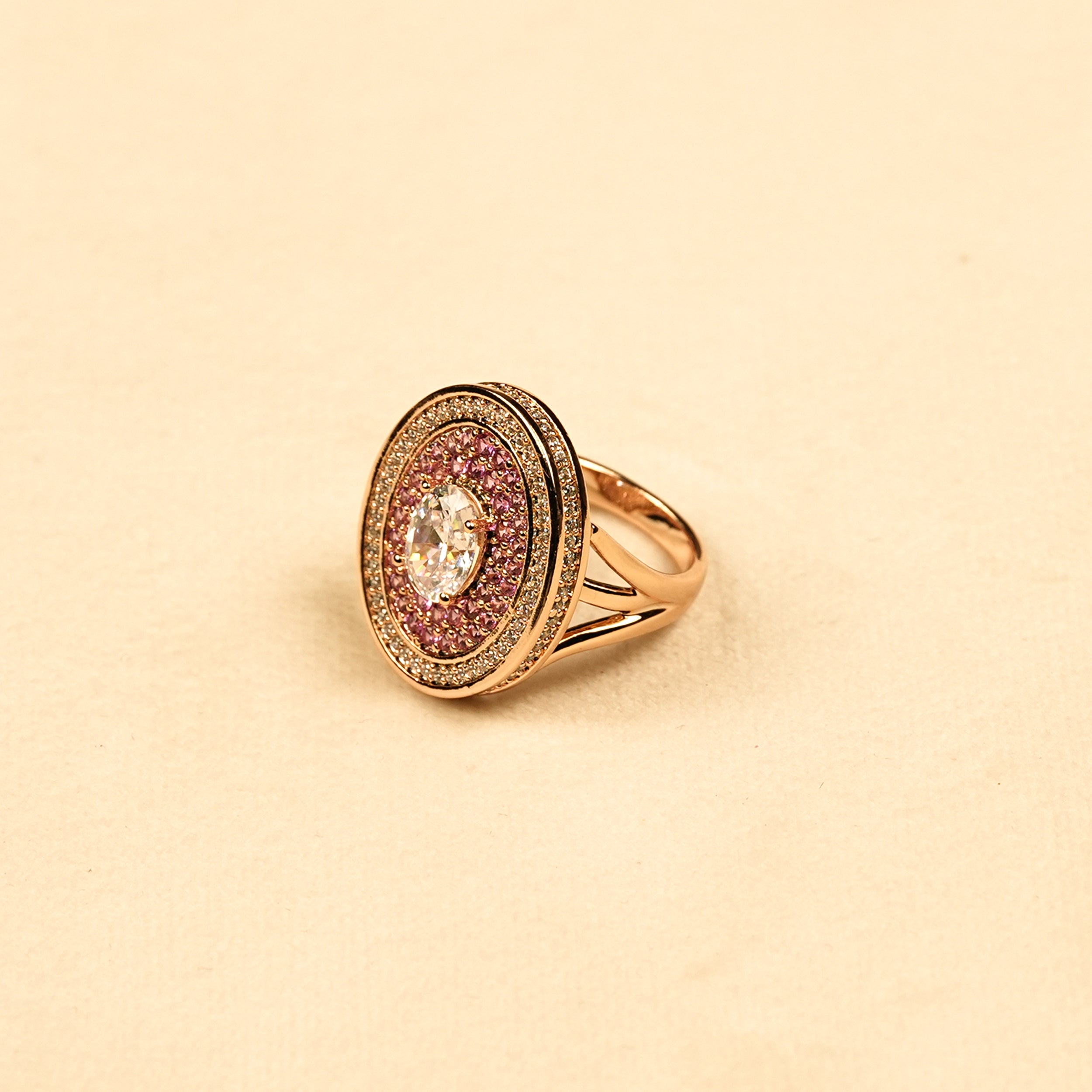Aanura Gold Tone Oval Crystal Halo Ring