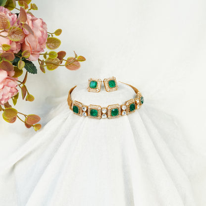 Aanura Green Square-Cut Stone Choker Necklace Set