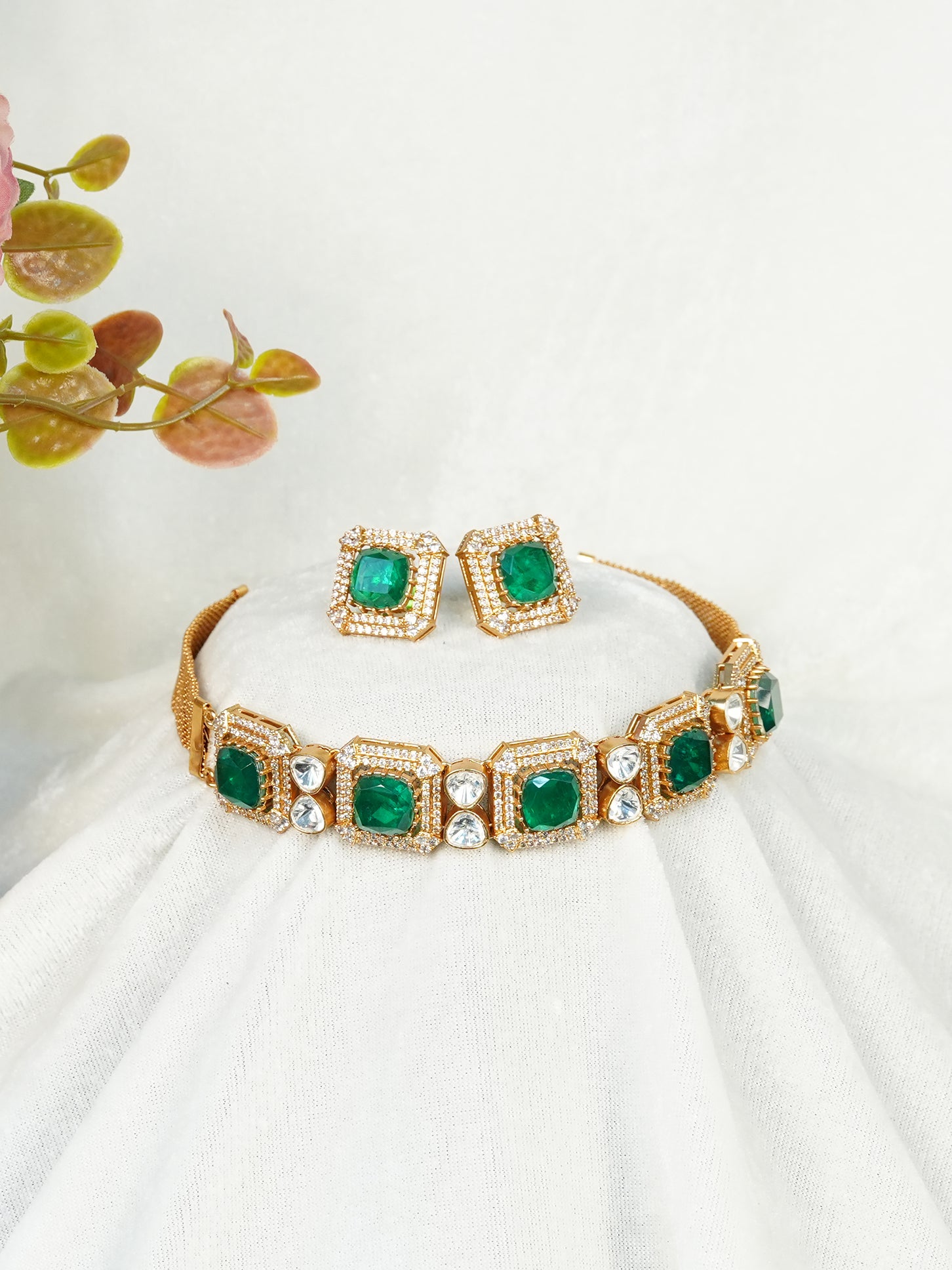 Aanura Green Square-Cut Stone Choker Necklace Set