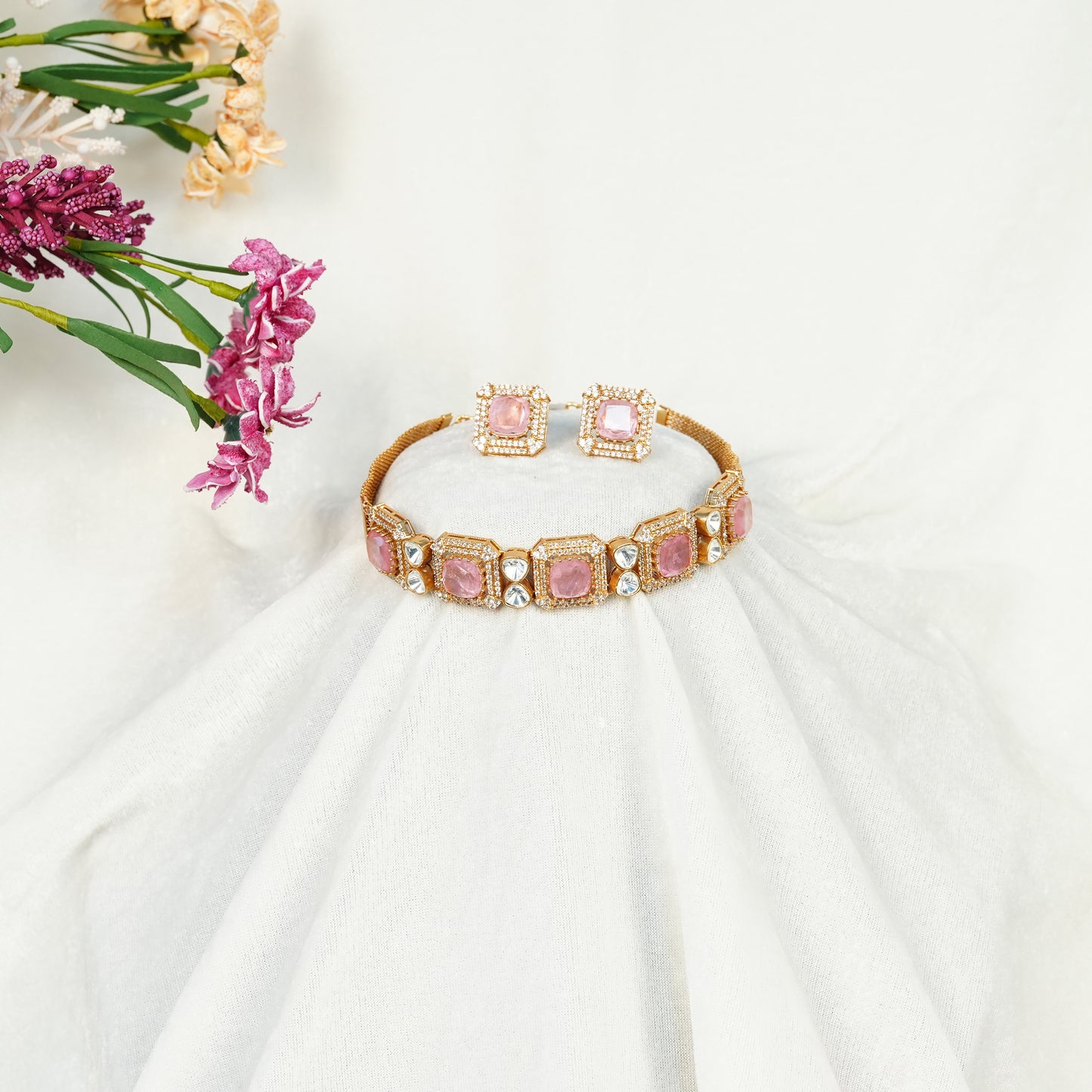 Aanura Green Square-Cut Stone Choker Necklace Set