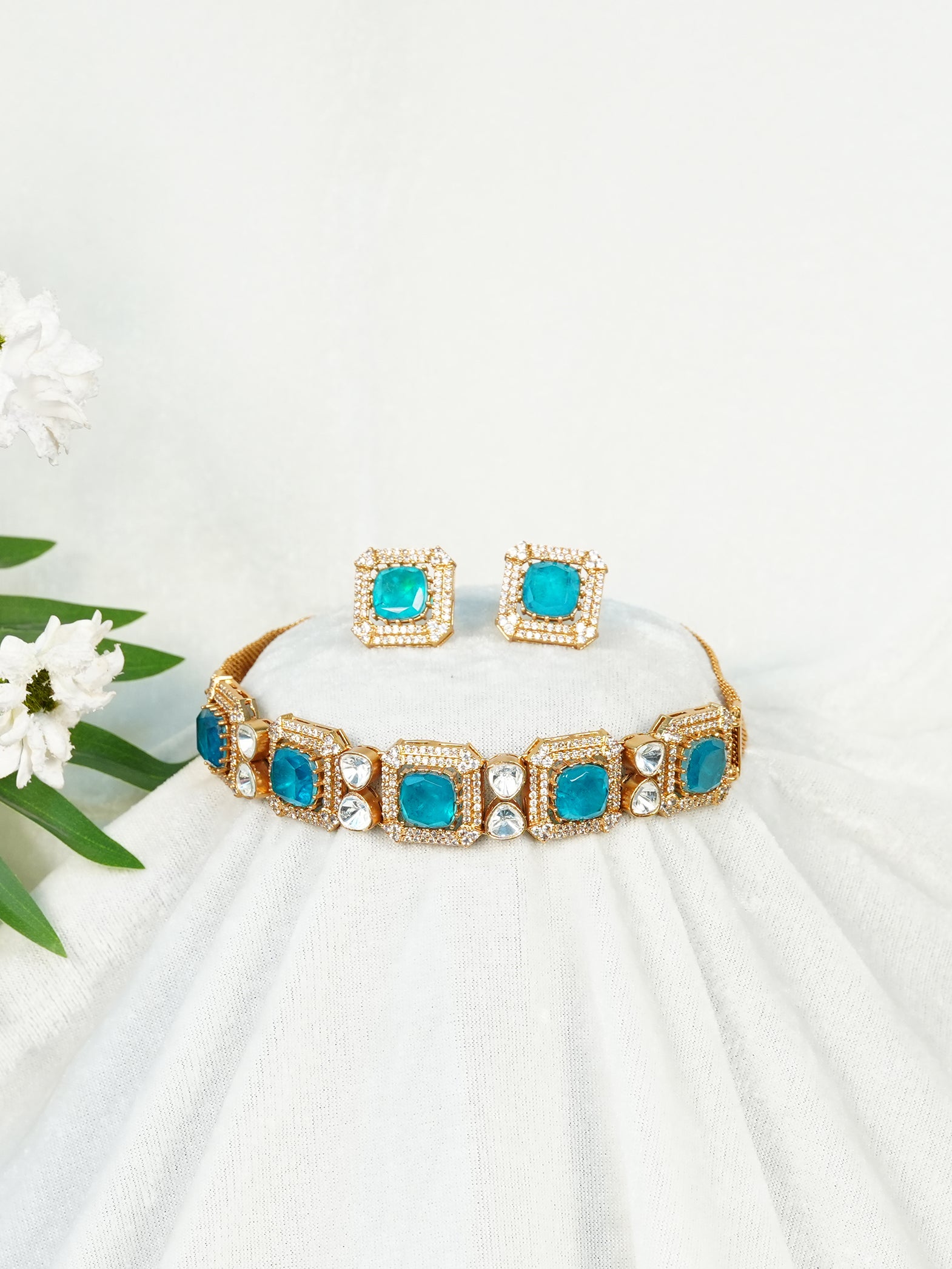 Aanura Green Square-Cut Stone Choker Necklace Set
