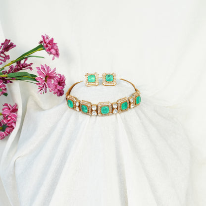 Aanura Green Square-Cut Stone Choker Necklace Set