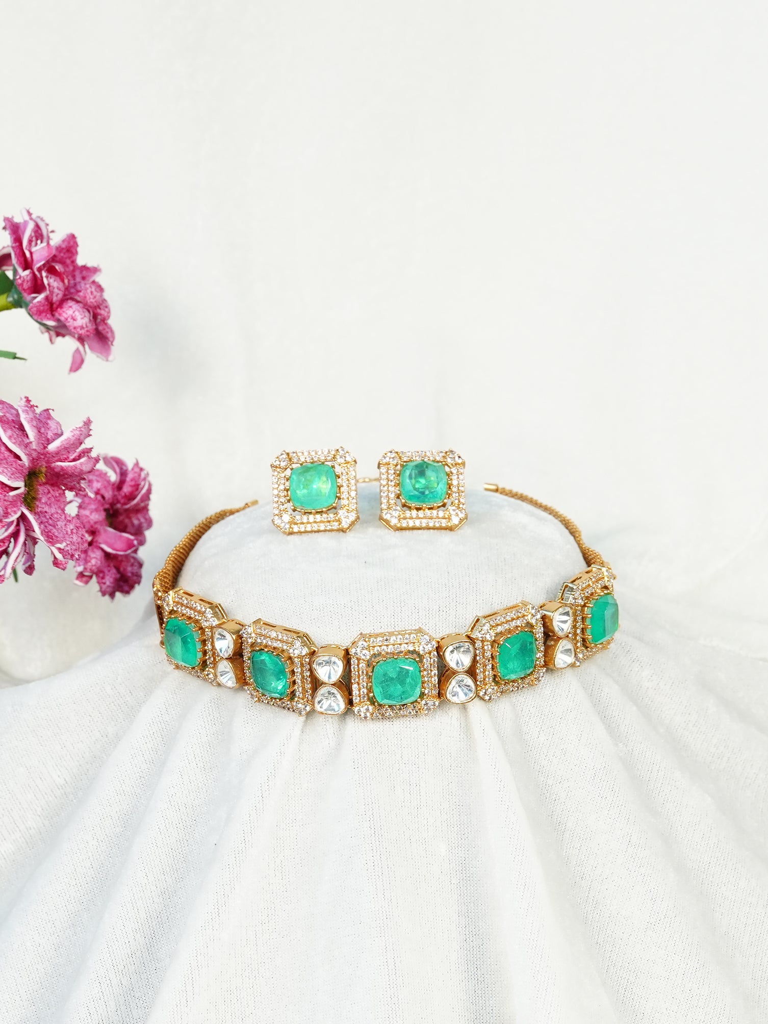 Aanura Green Square-Cut Stone Choker Necklace Set