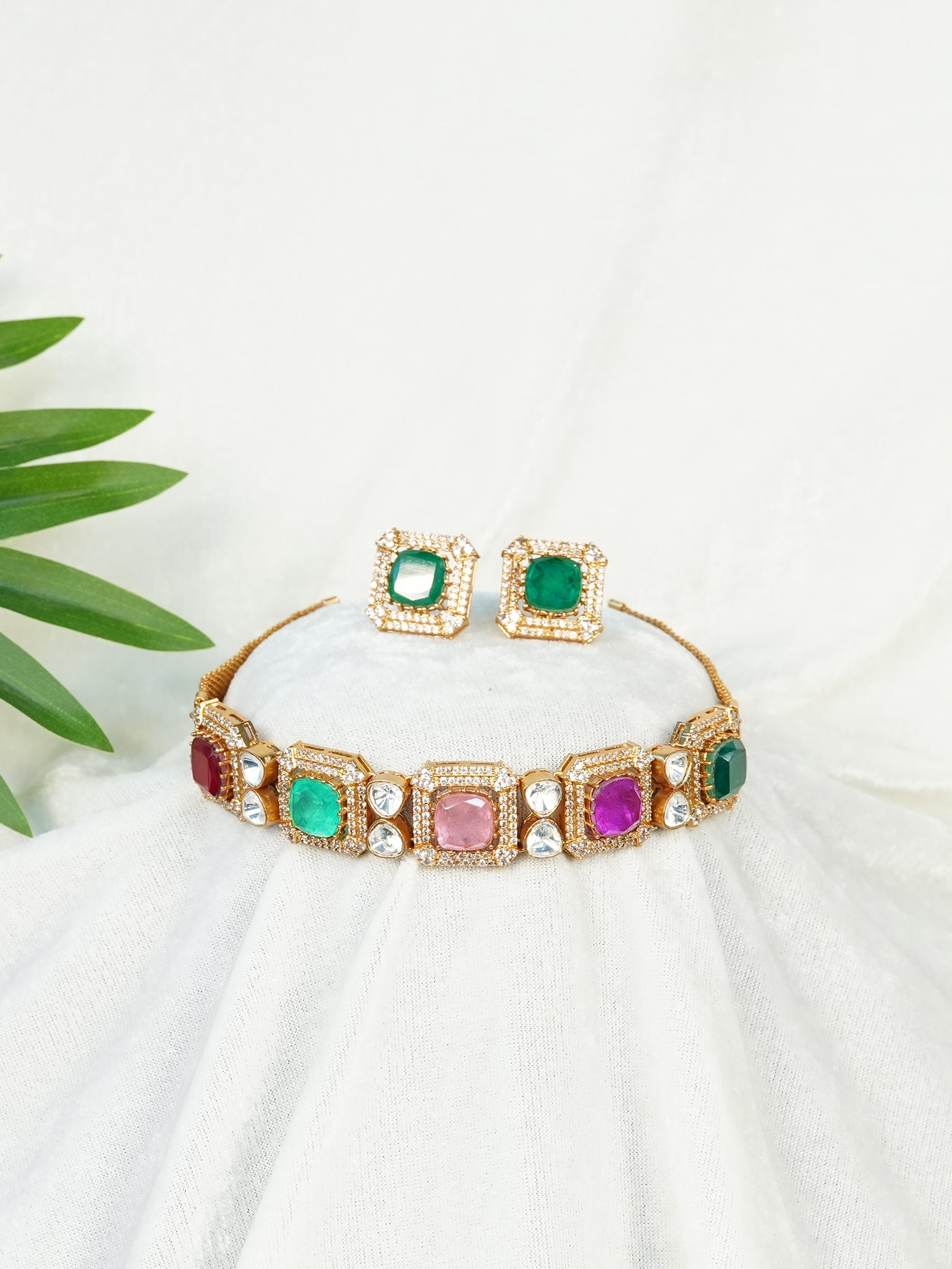 Aanura Green Square-Cut Stone Choker Necklace Set