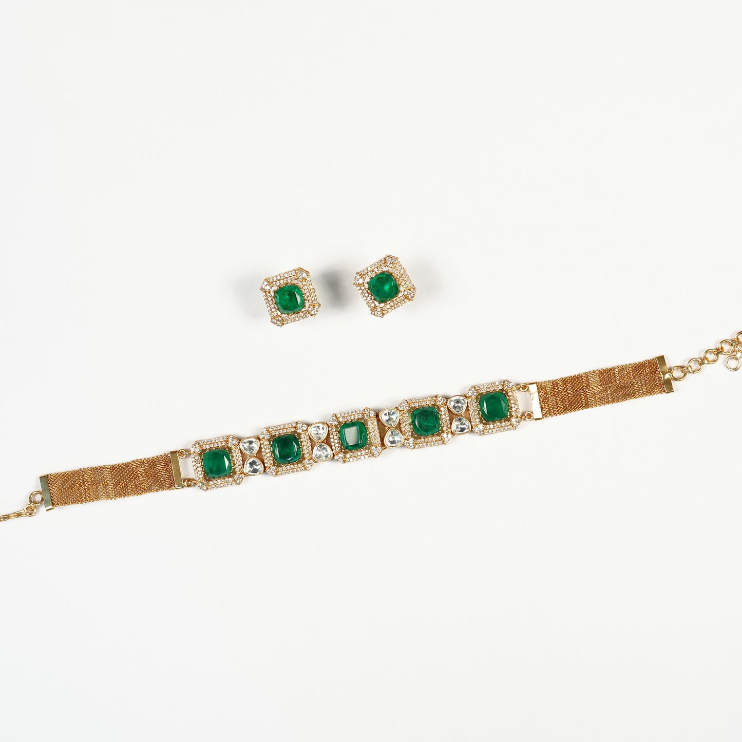 Aanura Green Square-Cut Stone Choker Necklace Set