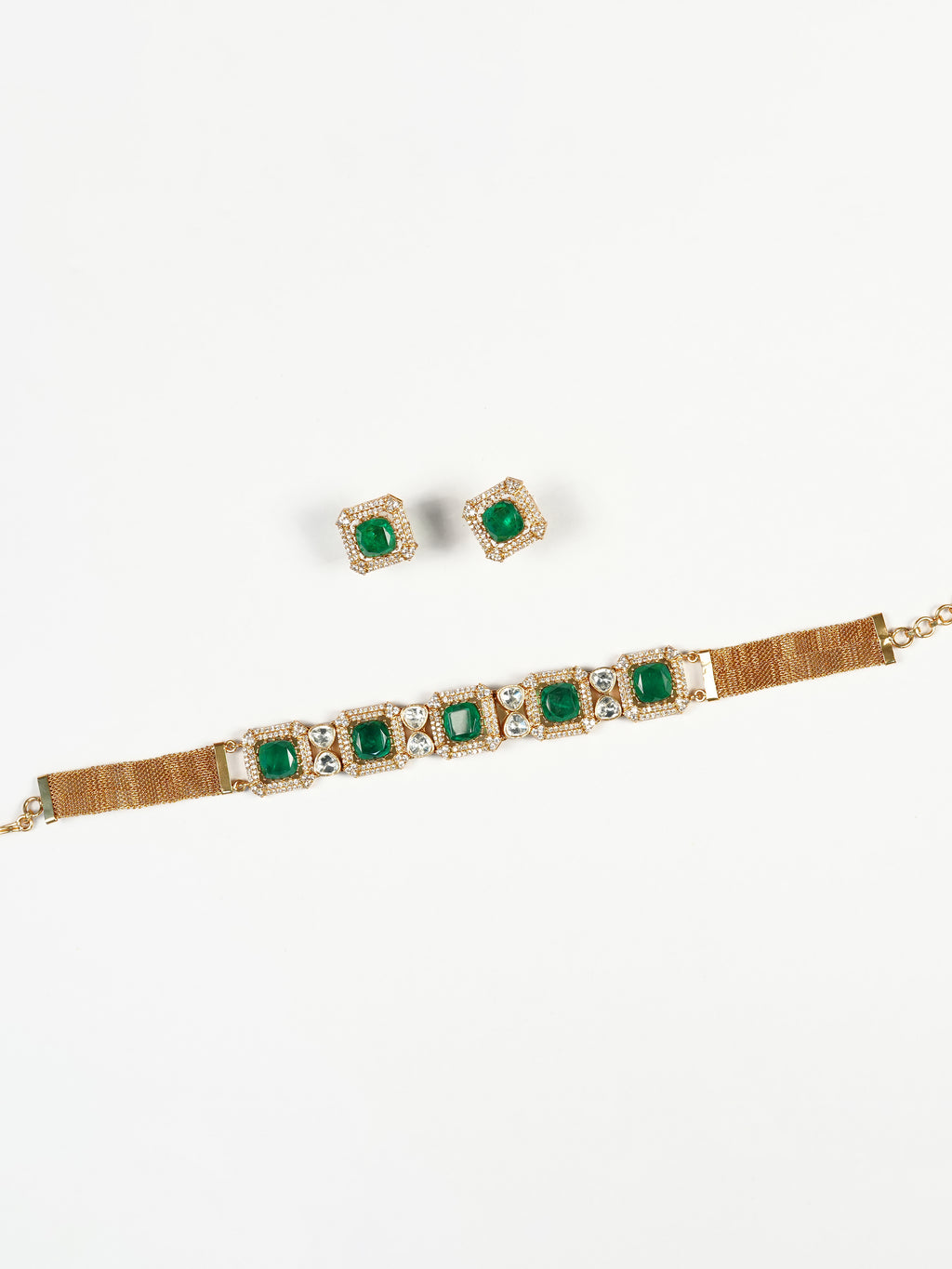 Aanura Green Square-Cut Stone Choker Necklace Set