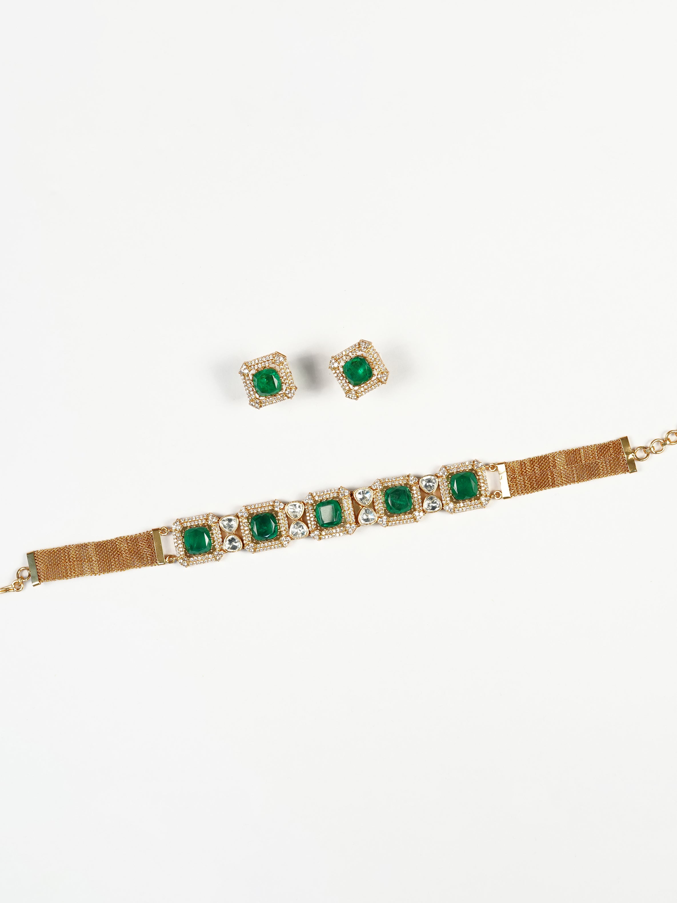 Aanura Green Square-Cut Stone Choker Necklace Set