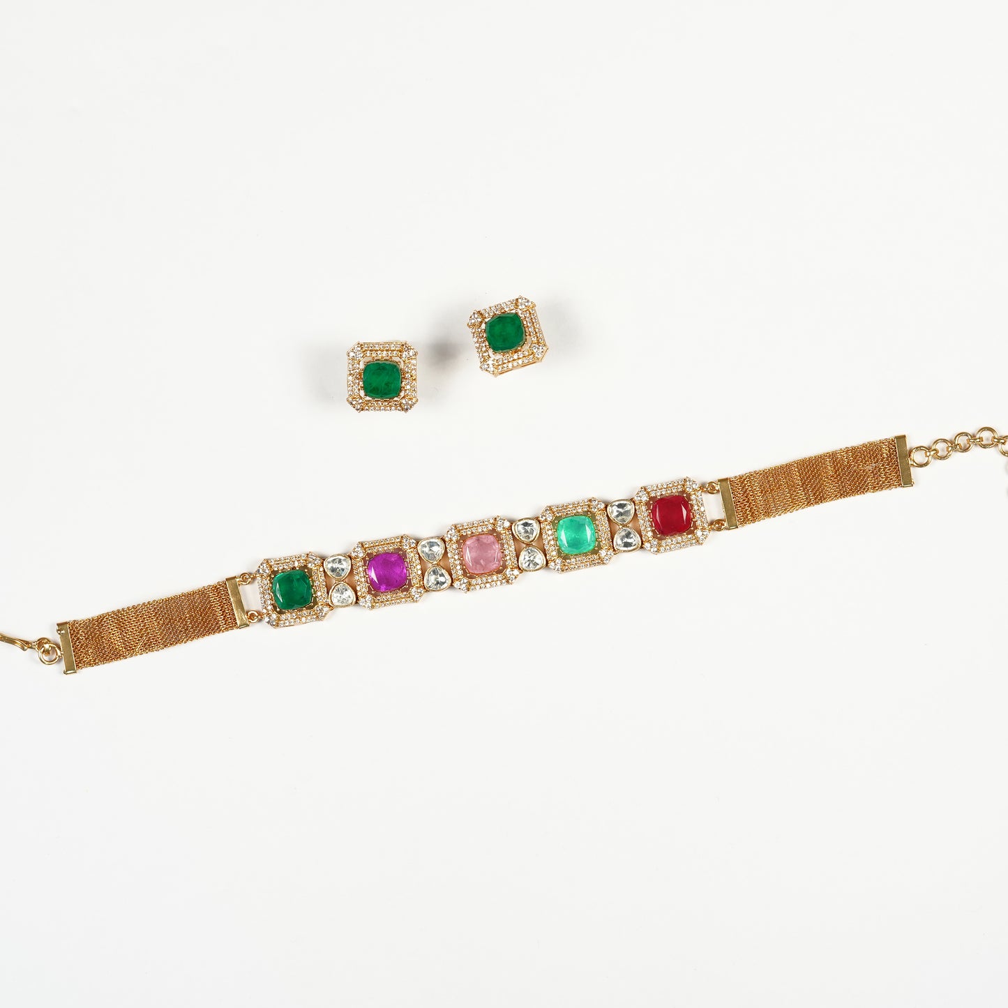 Aanura Green Square-Cut Stone Choker Necklace Set