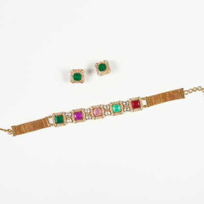 Aanura Green Square-Cut Stone Choker Necklace Set