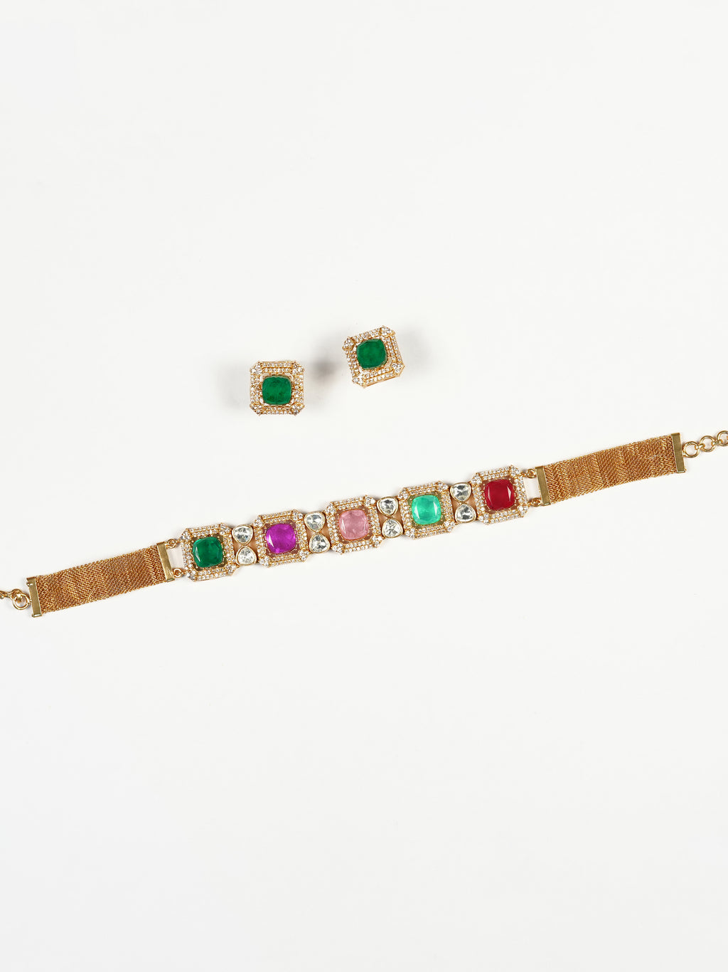 Aanura Green Square-Cut Stone Choker Necklace Set