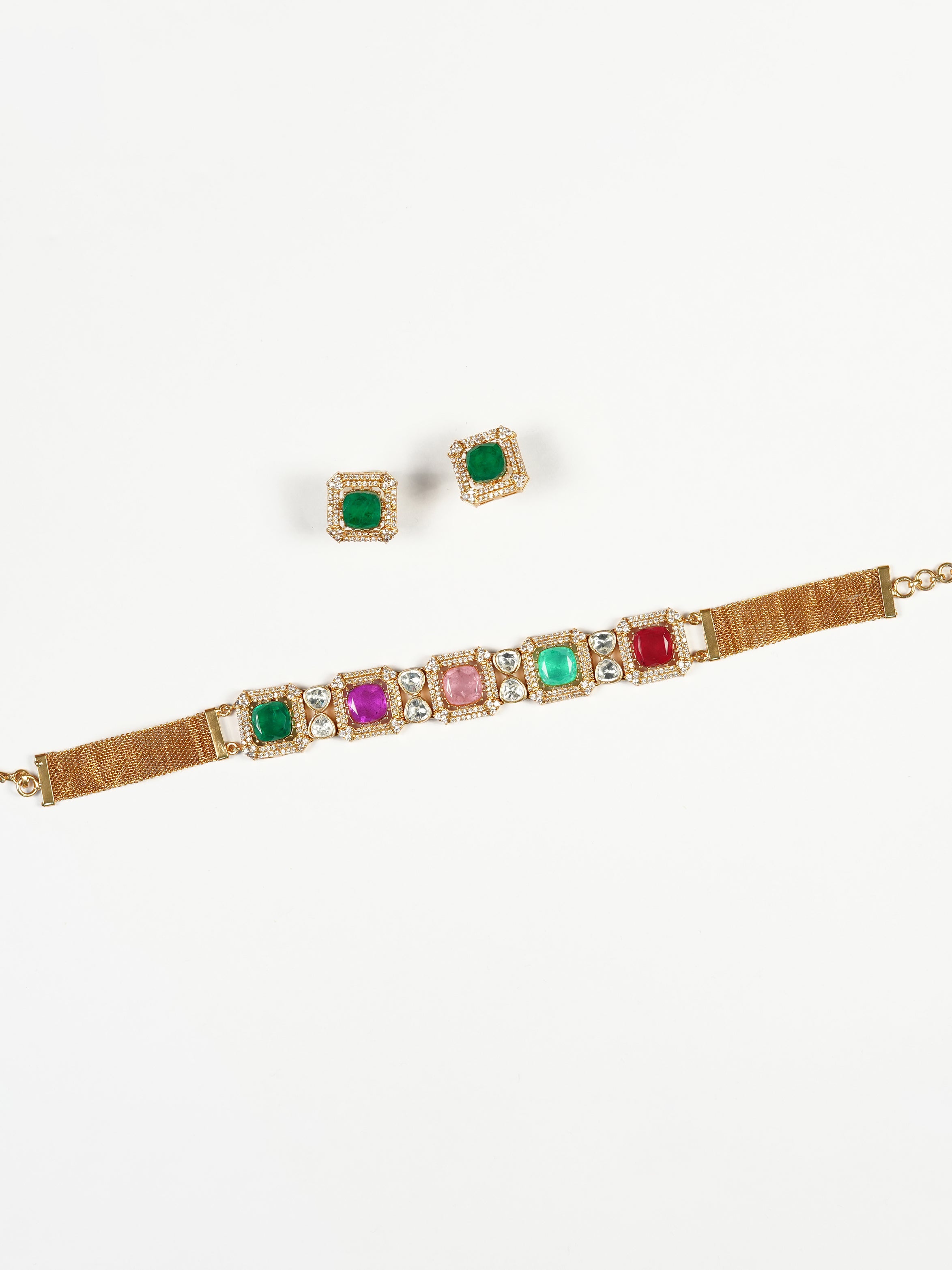Aanura Green Square-Cut Stone Choker Necklace Set