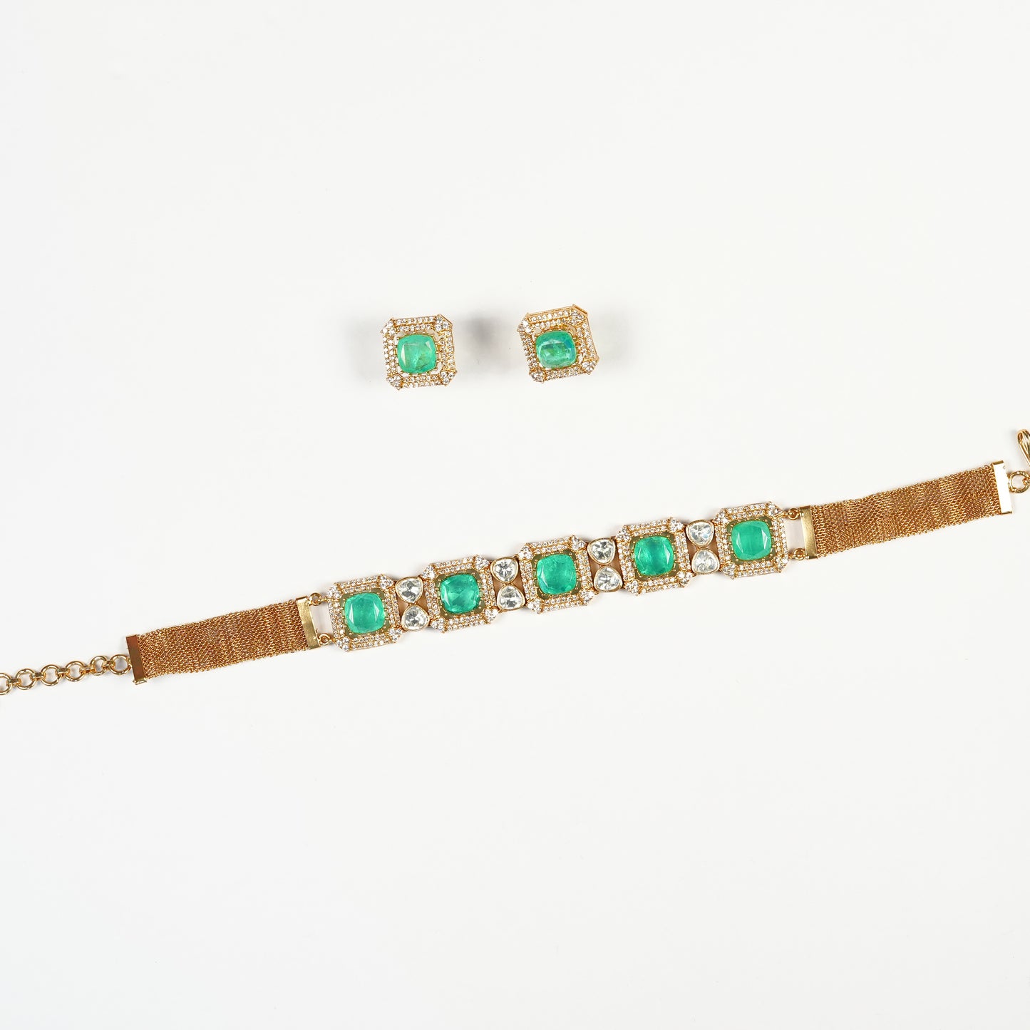 Aanura Green Square-Cut Stone Choker Necklace Set