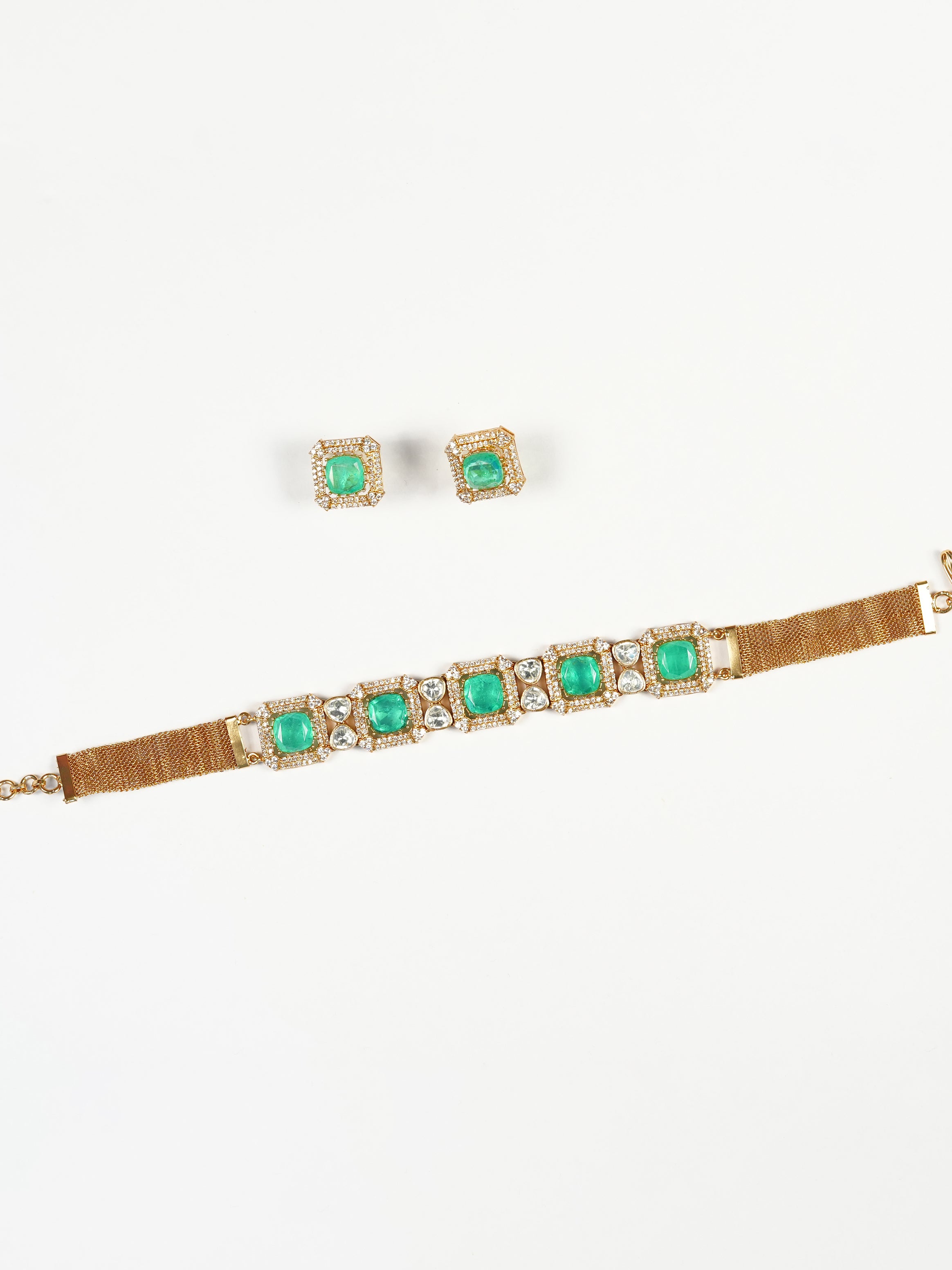 Aanura Green Square-Cut Stone Choker Necklace Set