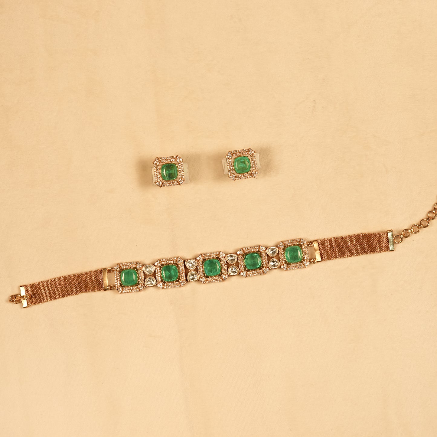 Aanura Green Square-Cut Stone Choker Necklace Set
