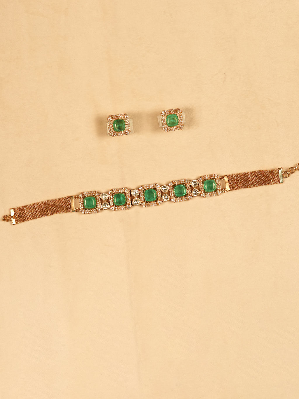Aanura Green Square-Cut Stone Choker Necklace Set