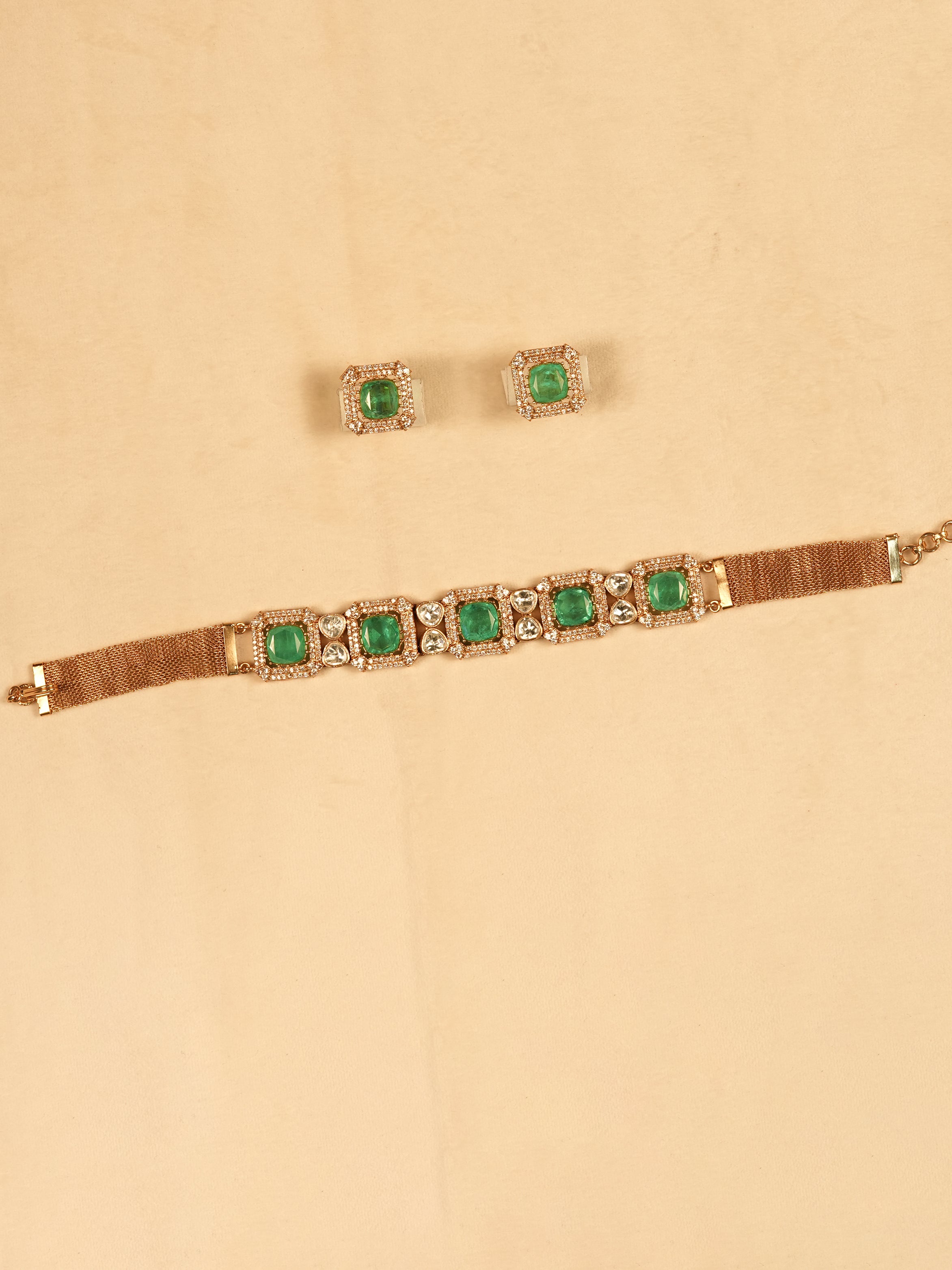 Aanura Green Square-Cut Stone Choker Necklace Set
