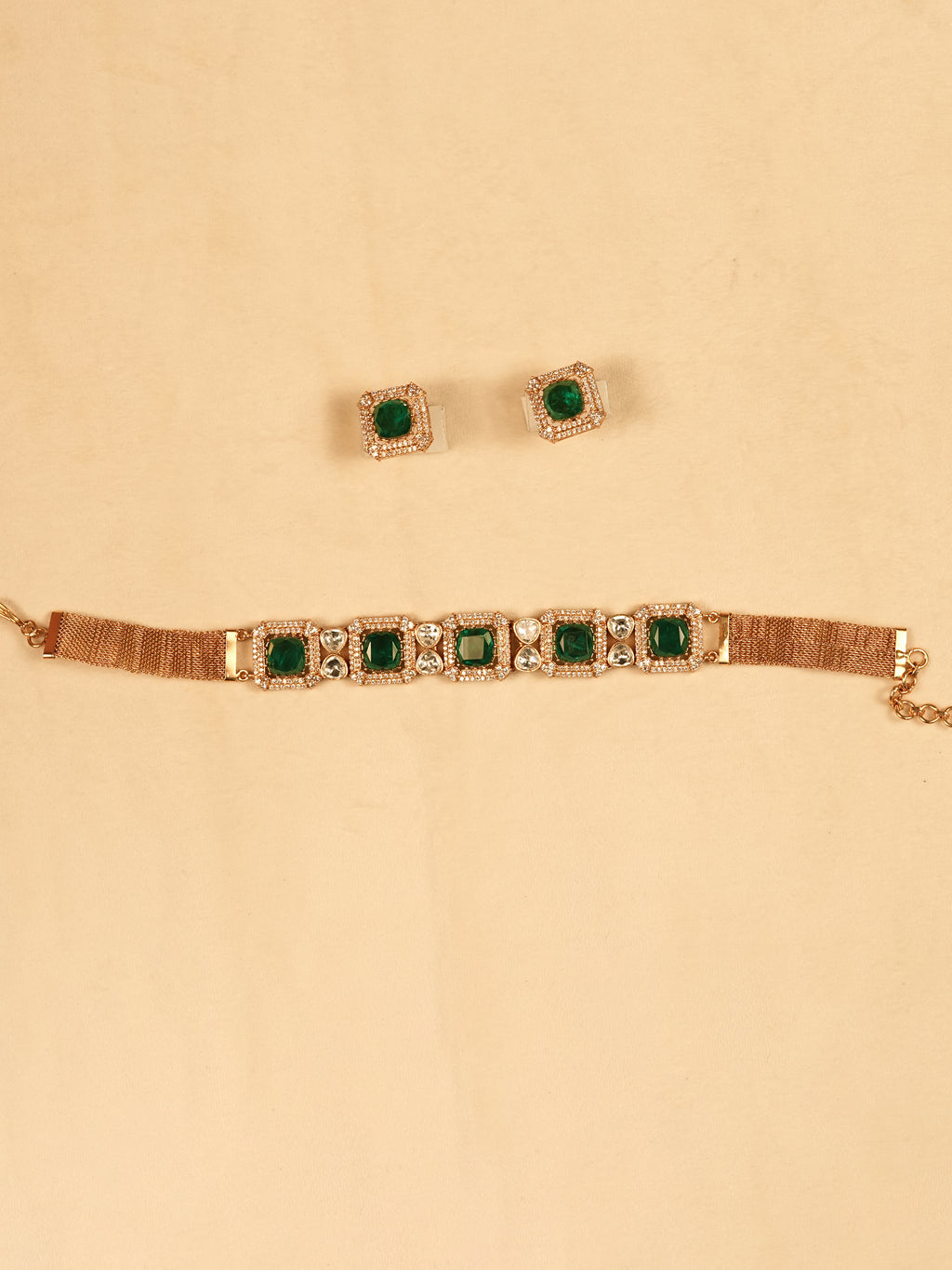 Aanura Green Square-Cut Stone Choker Necklace Set
