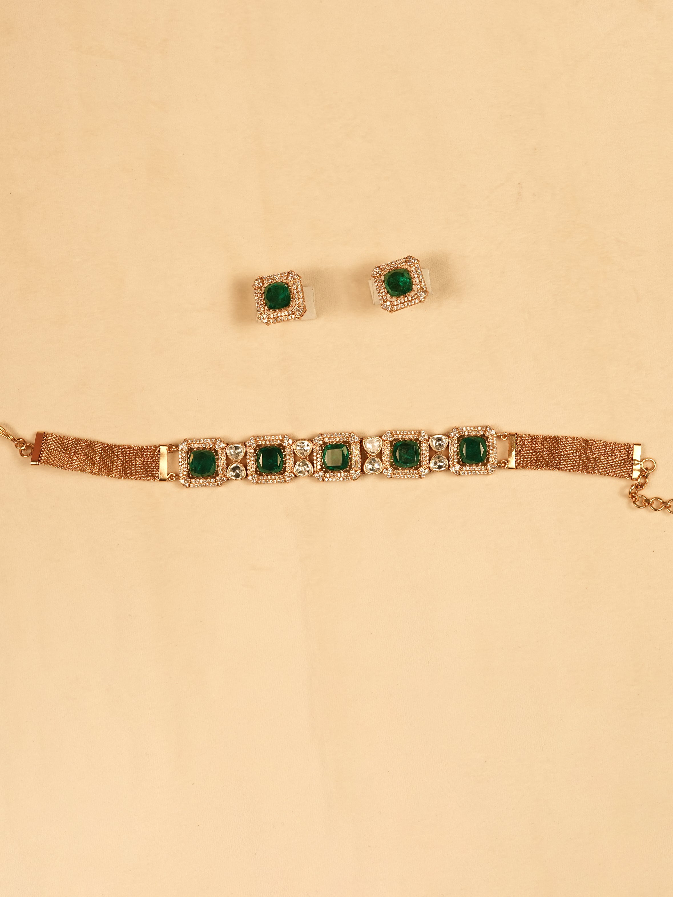 Aanura Green Square-Cut Stone Choker Necklace Set