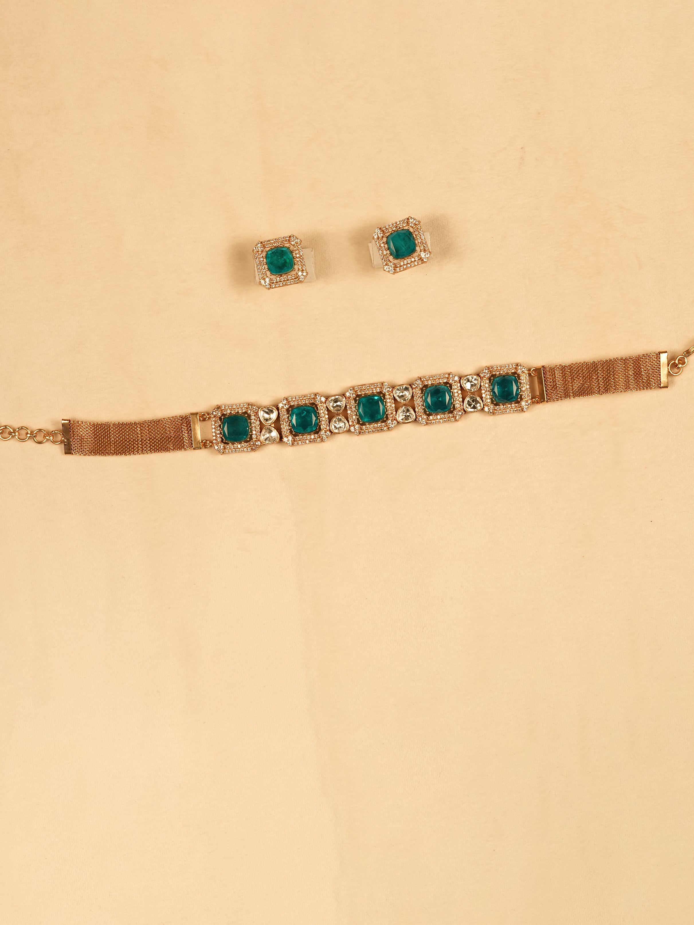 Aanura Green Square-Cut Stone Choker Necklace Set